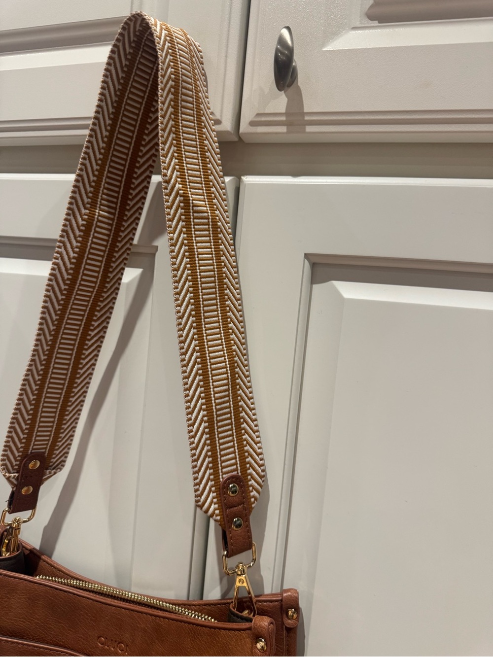 Brown Leather Shoulder Bag with Striped Strap - Picture 11 of 12